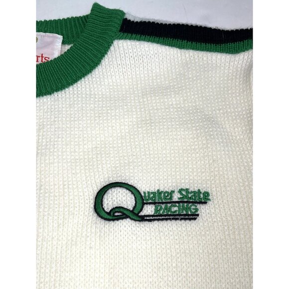 VTG KING SPORTS Mens XL Quaker State Racing Striped Sleeve Ivory SWEATER EUC - Picture 2 of 9